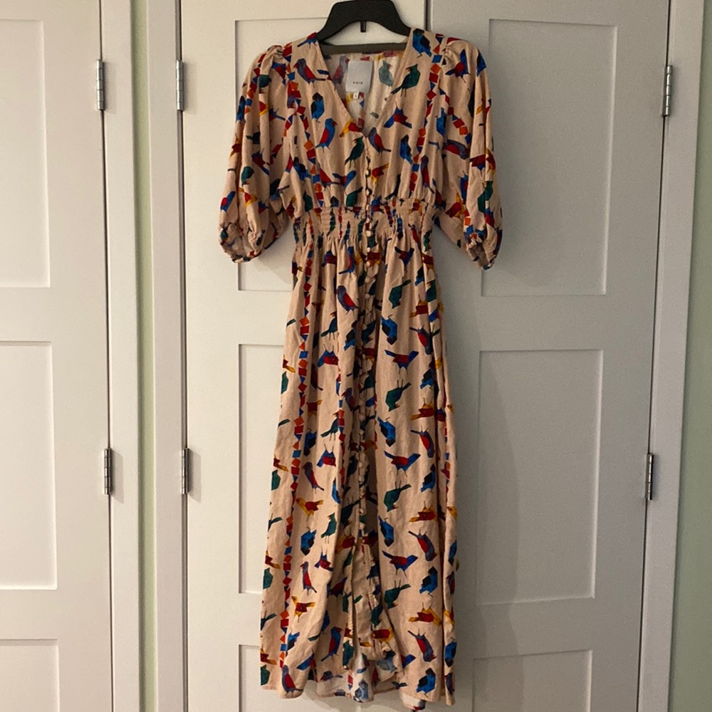 Agir Linen Bird Print Maxi Dress Sz S